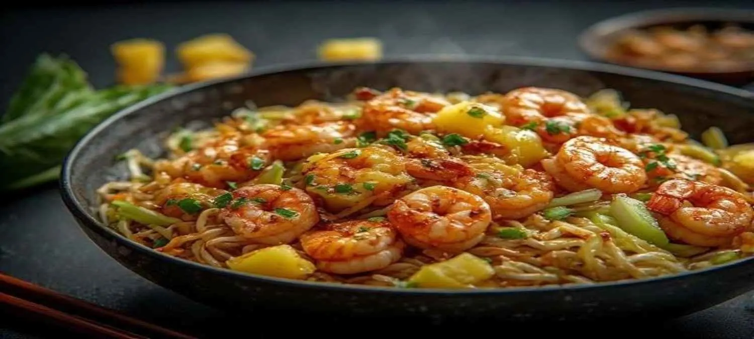Hoisin Shrimp Pineapple & Cabbage Stir-Fry with Rice Noodles
