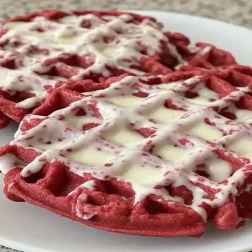 red velvet waffles with cream cheese glaze