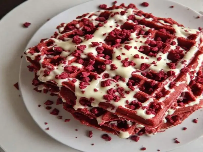 red velvet waffles with cream cheese glaze