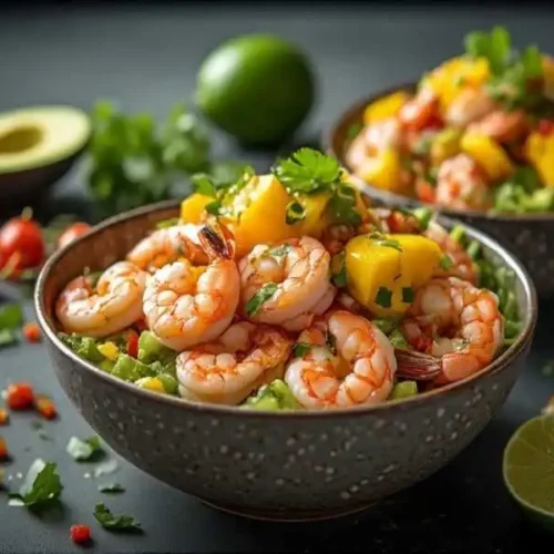 shrimp and avocado bowls with mango salsa and lime chili sauce