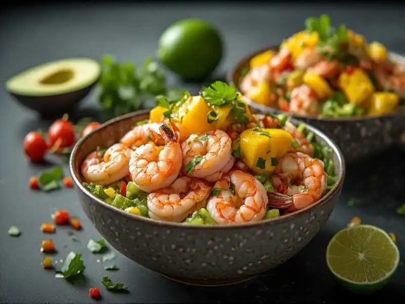 shrimp and avocado bowls with mango salsa and lime chili sauce