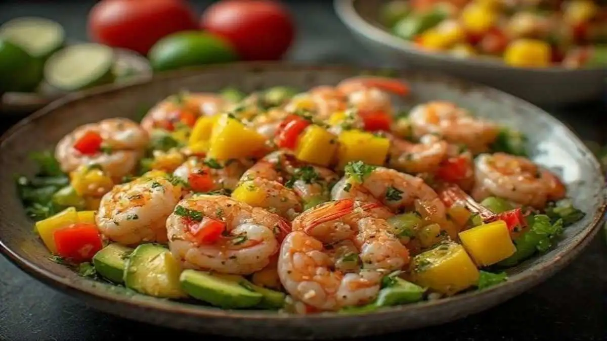 shrimp and avocado bowls with mango salsa and lime chili sauce