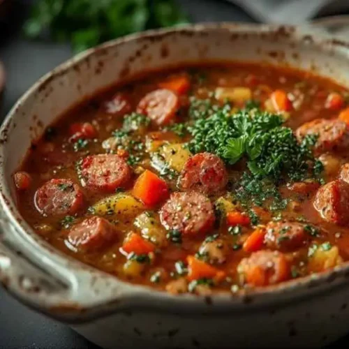slow cooker minestrone soup with Italian sausage and pesto
