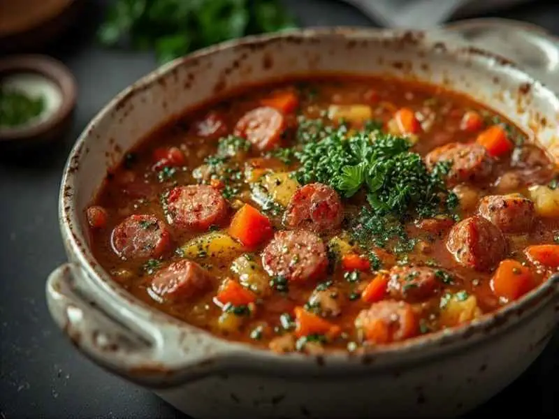 slow cooker minestrone soup with Italian sausage and pesto