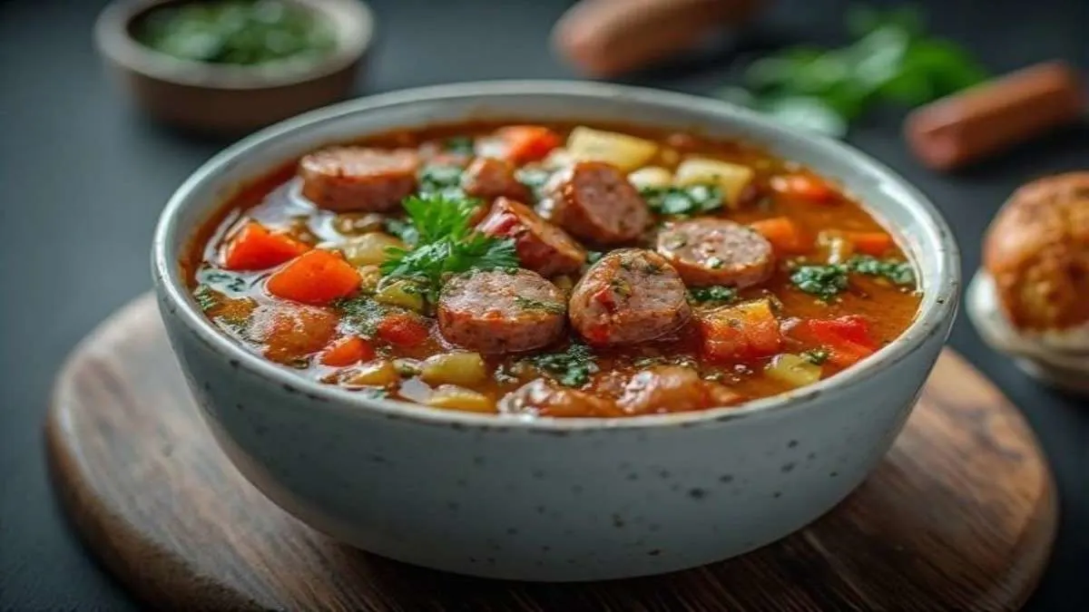 slow cooker minestrone soup with Italian sausage and pesto