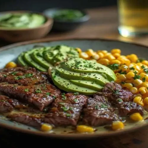 Steak, Avocado & Roasted Corn Bowl with Cilantro Cream Sauce