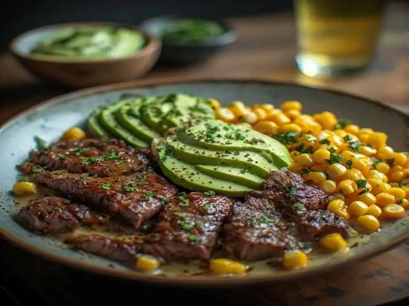 Steak, Avocado & Roasted Corn Bowl with Cilantro Cream Sauce