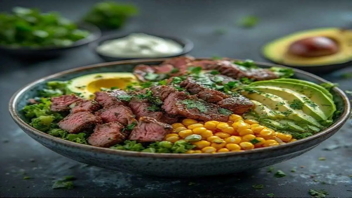 Steak, Avocado & Roasted Corn Bowl with Cilantro Cream Sauce