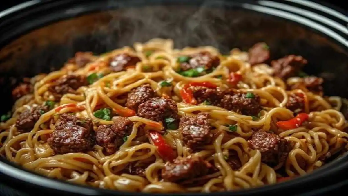 sticky beef noodles crockpot