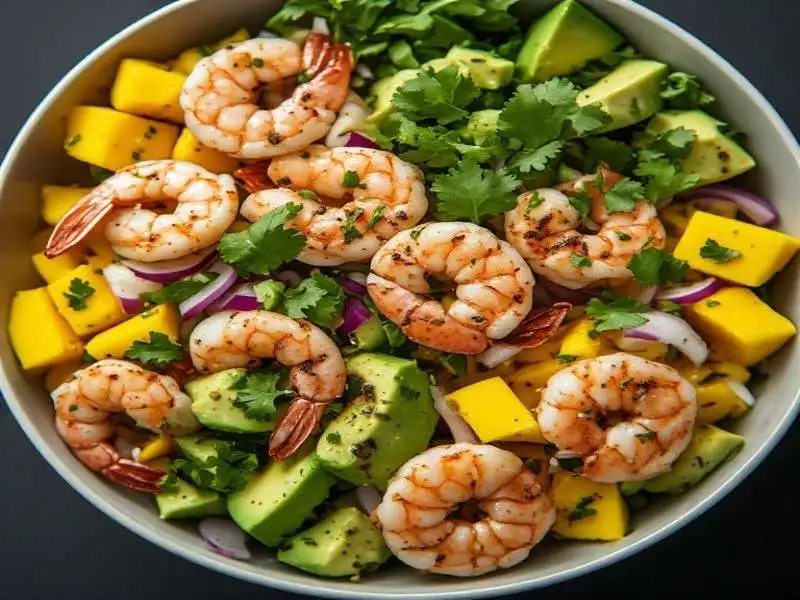 shrimp avocado mango bowls