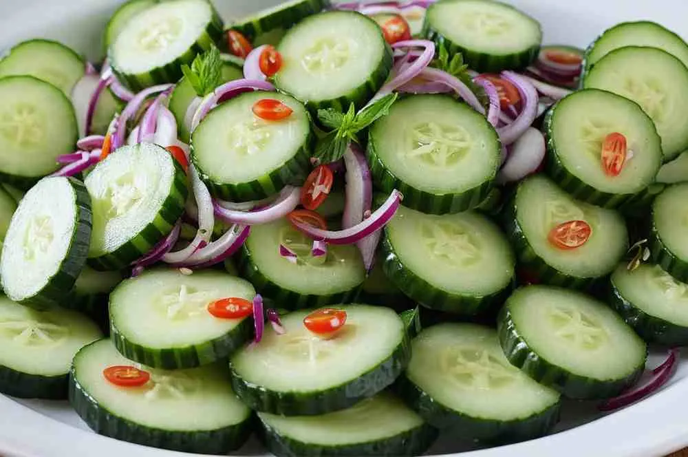 Thinly sliced cucumbers and red onions for cucumber strawberry salad