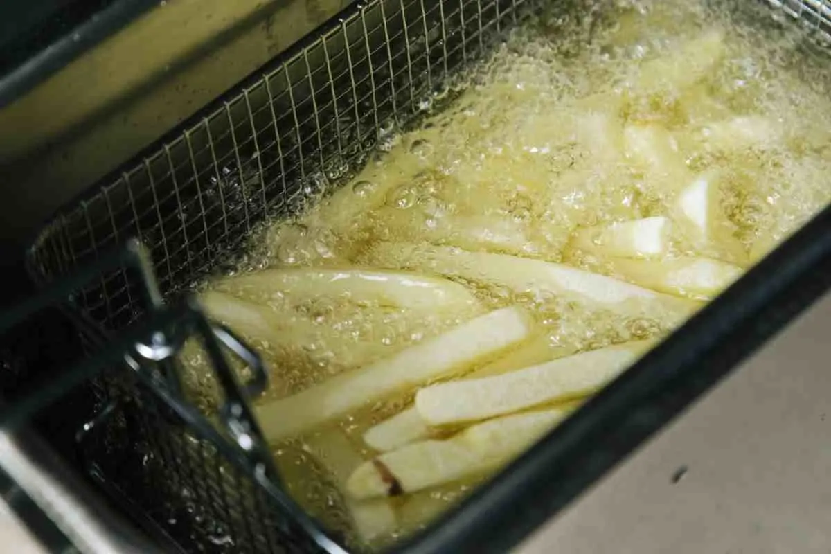 French fries in air fryer basket ready to cook