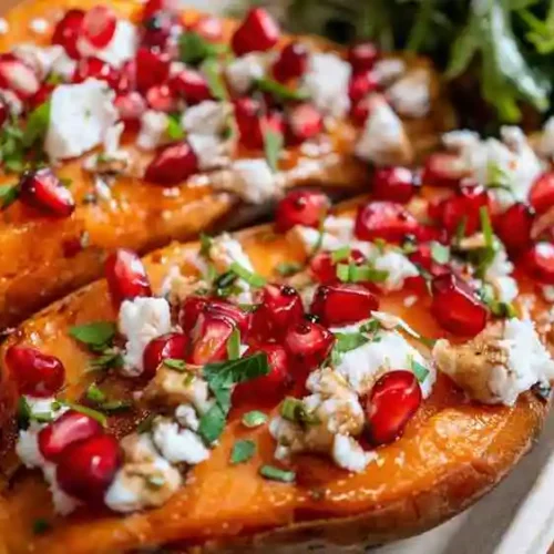 Freshly prepared Mediterranean sweet potato boats with feta cheese and fresh herbs
