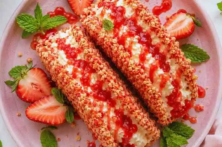 Two strawberry crunch cheesecake tacos served on a pink plate with fresh strawberries and mint leaves.
