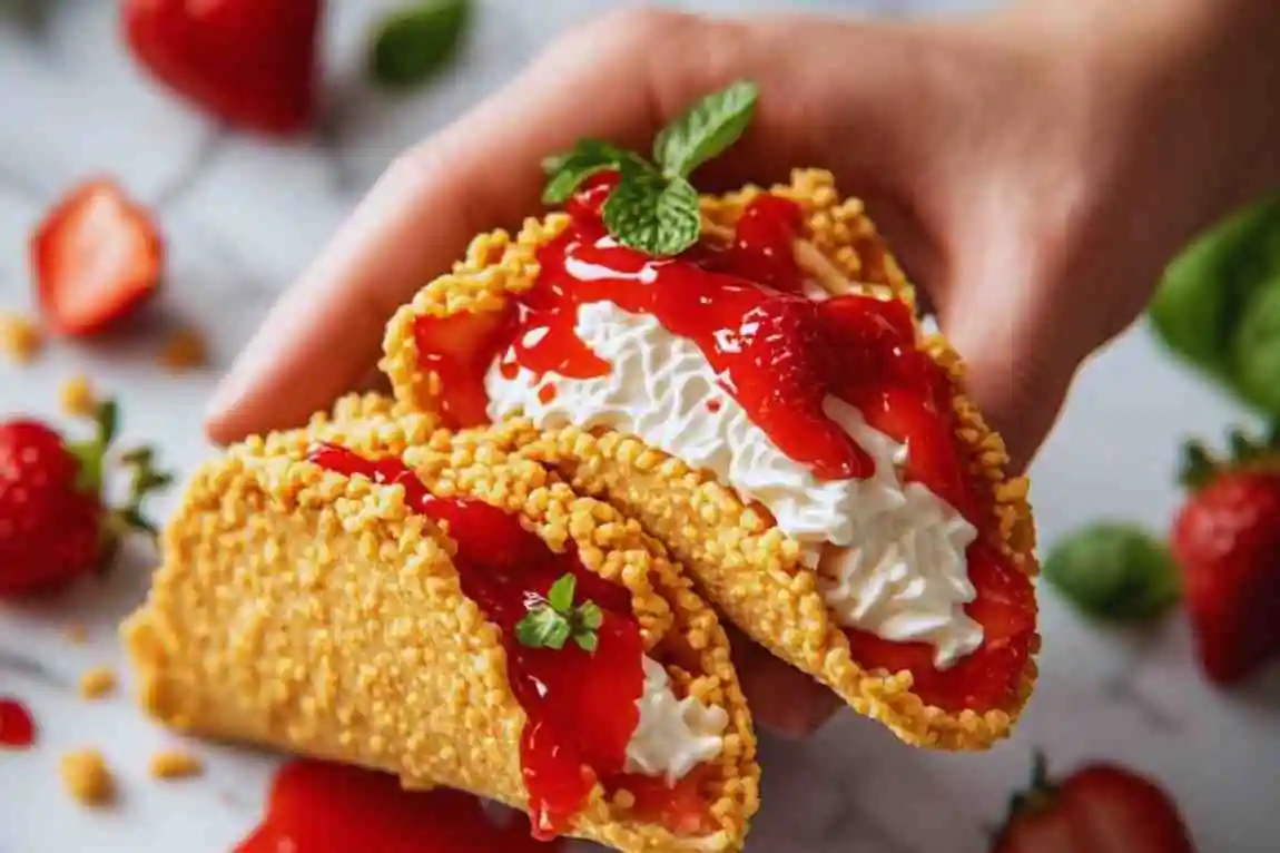 Close up of no bake strawberry cheesecake tacos with rich whipped filling and strawberry crunch topping.