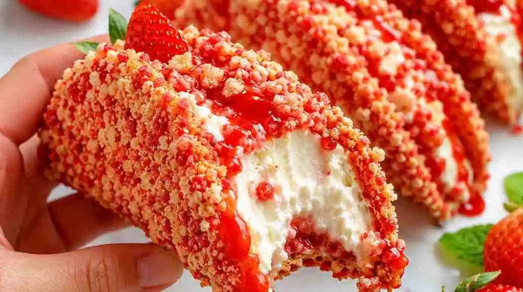 Hand holding a no-bake strawberry crunch cheesecake taco filled with creamy filling and fresh strawberry sauce.