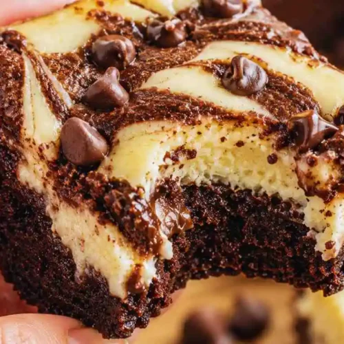 Hand holding a fudgy cheesecake brownie with chocolate chips showing a bite mark and cream cheese layers.
