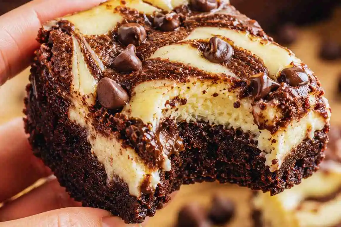 Hand holding a fudgy cheesecake brownie with chocolate chips showing a bite mark and cream cheese layers.