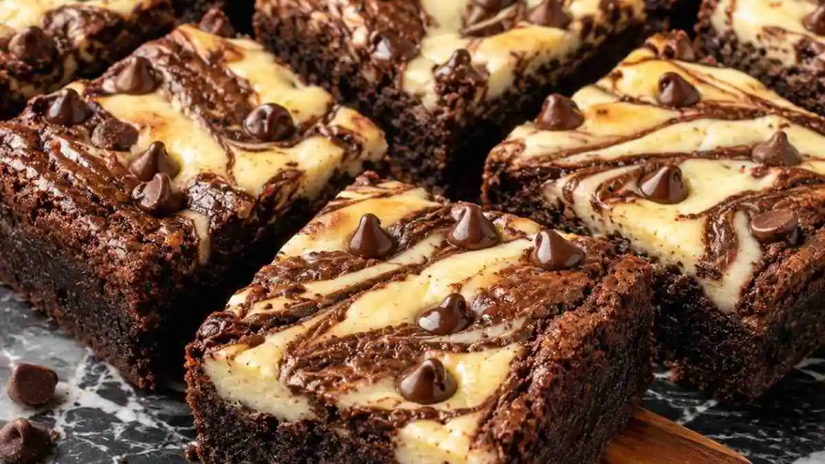 Freshly baked cheesecake brownies with marbled cream cheese swirls cut into squares on a black marble surface.