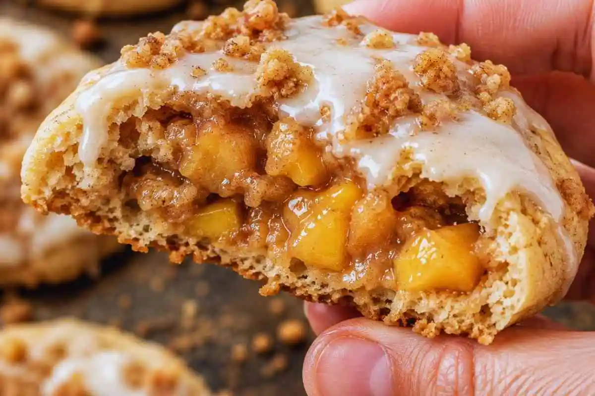 Hand holding a broken soft peach cobbler cookie showing the diced peach filling inside.