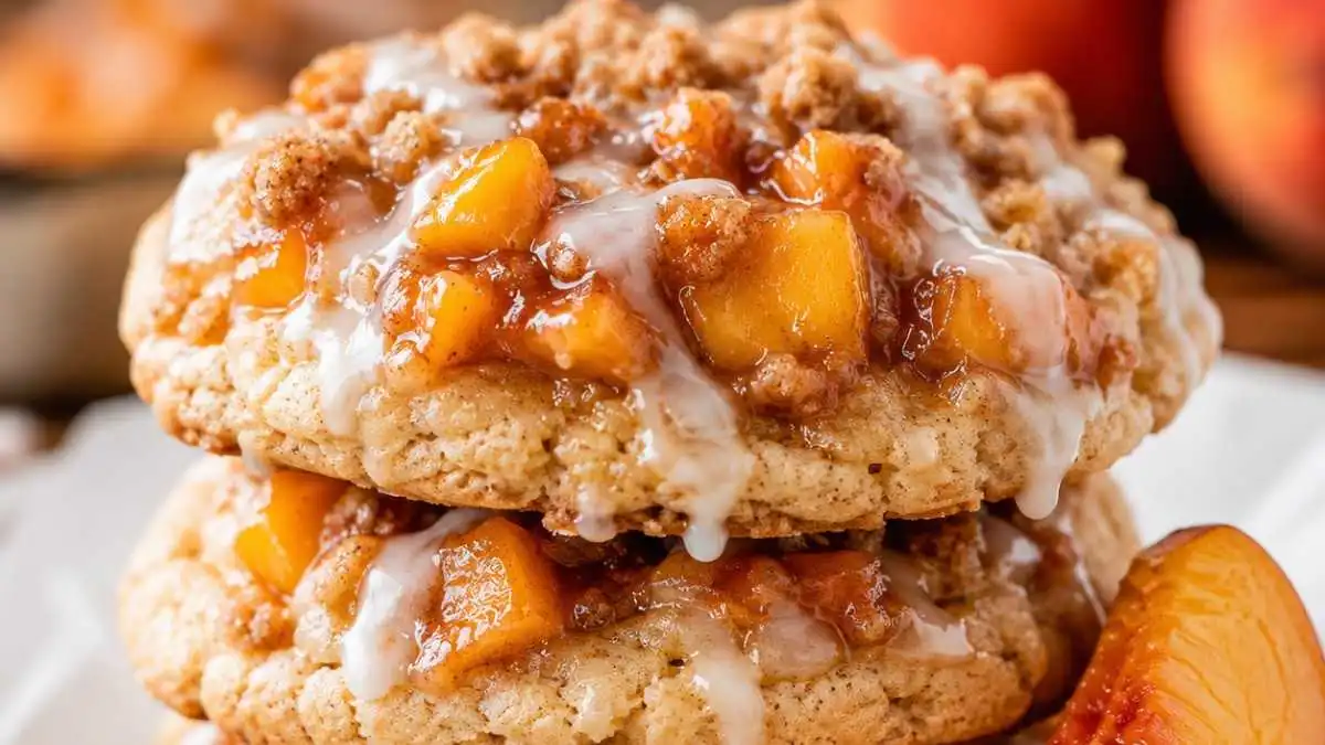Stack of iced peach cobbler cookies made with cake mix and topped with diced peaches.