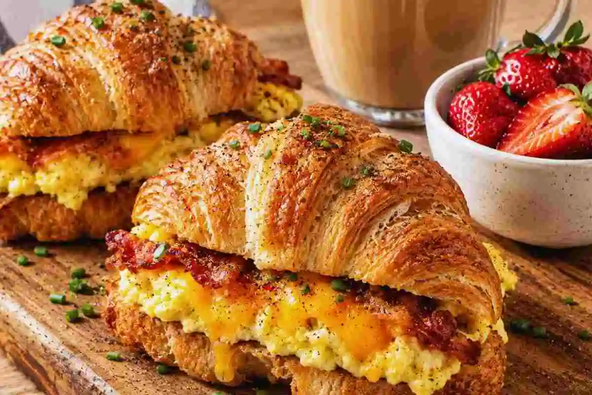 Two flaky breakfast croissant sandwiches on a wooden cutting board served with a cup of coffee and fresh strawberries