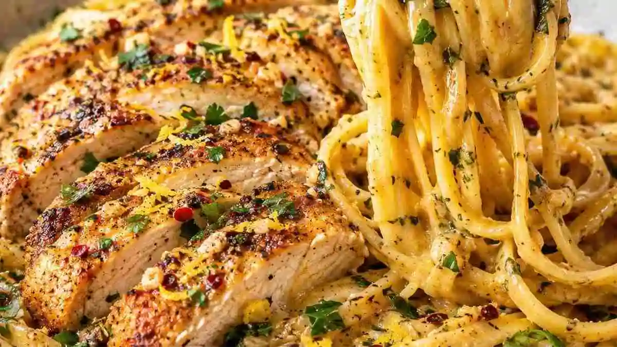 Sliced seasoned chicken breast on glossy garlic butter linguine pasta with fresh herbs