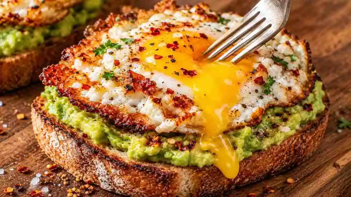 Crispy feta fried egg with runny yolk on mashed avocado sourdough toast