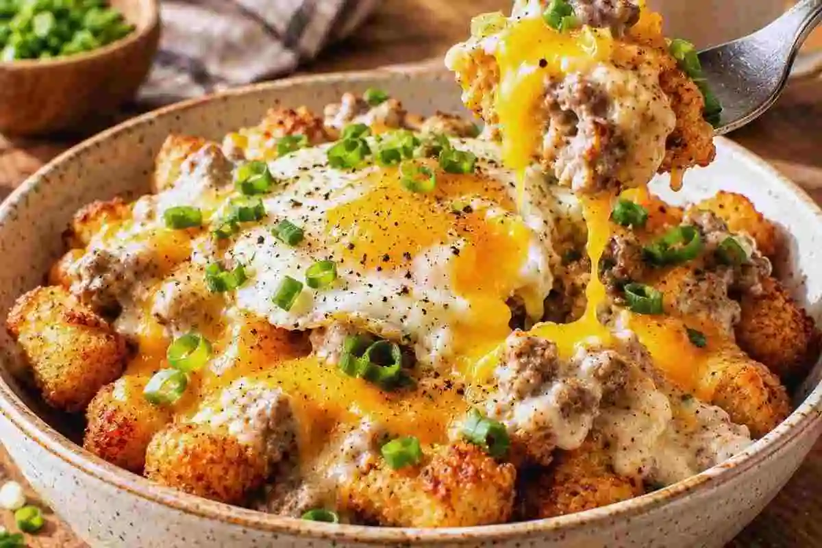 Tater tot breakfast bowl with sausage gravy melted cheddar cheese and fried egg on a fork