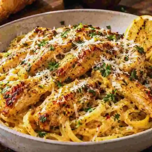 A plate of cowboy butter chicken linguine topped with grated parmesan cheese and fresh parsley