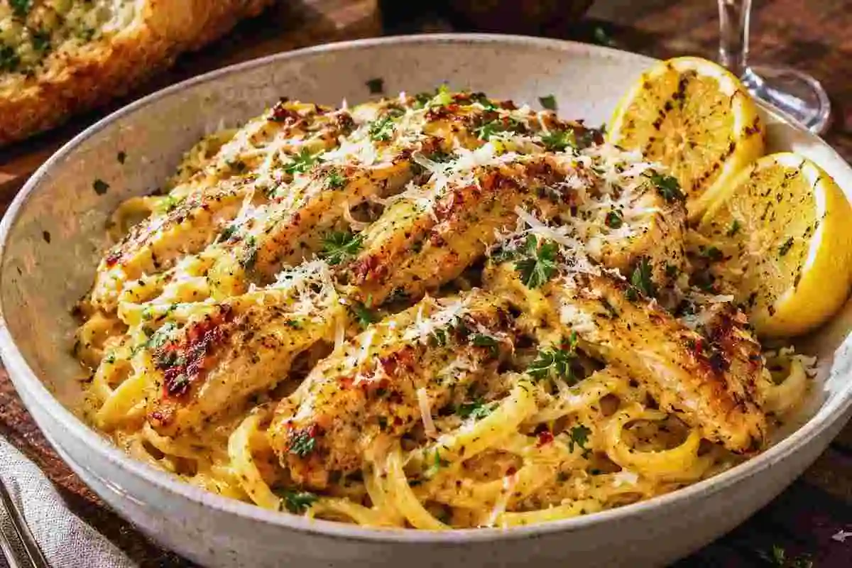 A plate of cowboy butter chicken linguine topped with grated parmesan cheese and fresh parsley