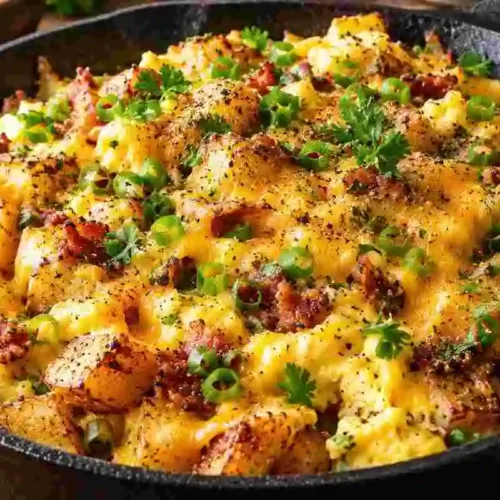 Skillet breakfast with cheesy potato egg scramble topped with melted cheddar and chopped green onions