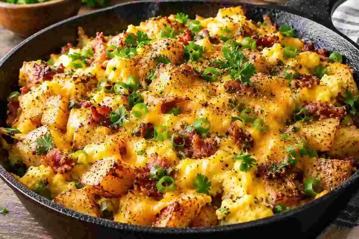 Skillet breakfast with cheesy potato egg scramble topped with melted cheddar and chopped green onions