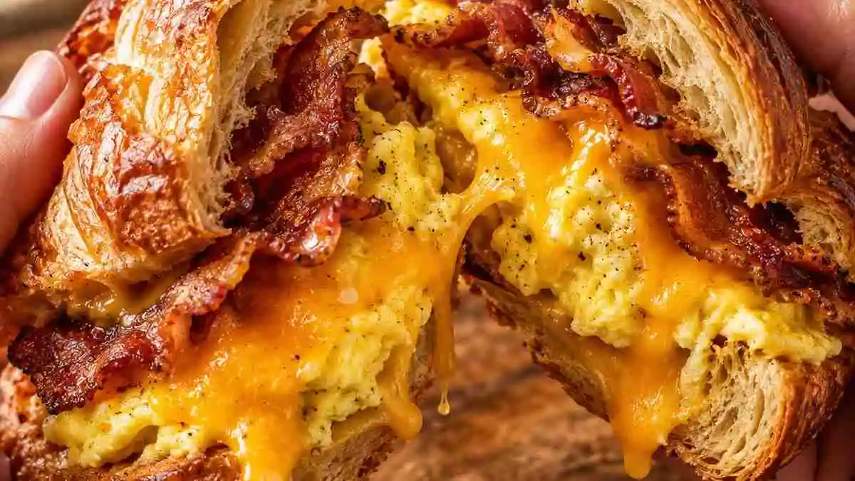 Warm breakfast croissant sandwich cut in half showing melted cheddar cheese, scrambled eggs, and crispy bacon