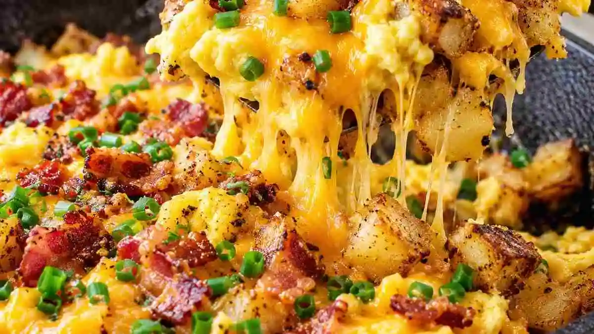 Cheesy potato egg scramble in a cast iron skillet with melted cheddar cheese pull