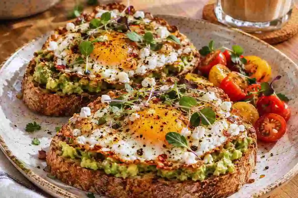 Two crispy feta fried egg avocado toasts on a plate served with cherry tomatoes and iced coffee