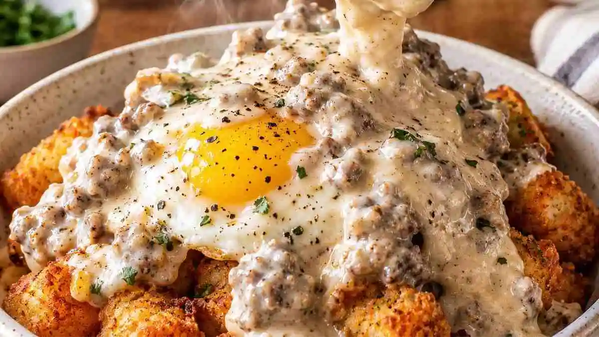 Creamy sausage gravy poured over crispy tater tots and a fried egg in a breakfast bowl